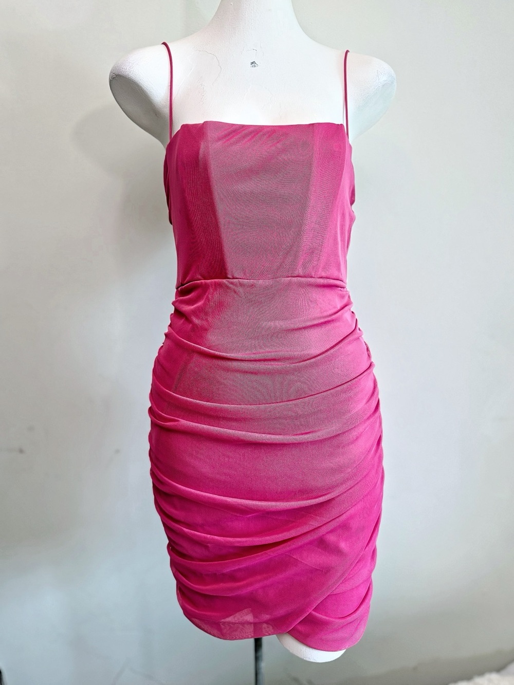 Lucy in the Sky Pink Ruched Mesh Lace Up Back Mini Dress Large